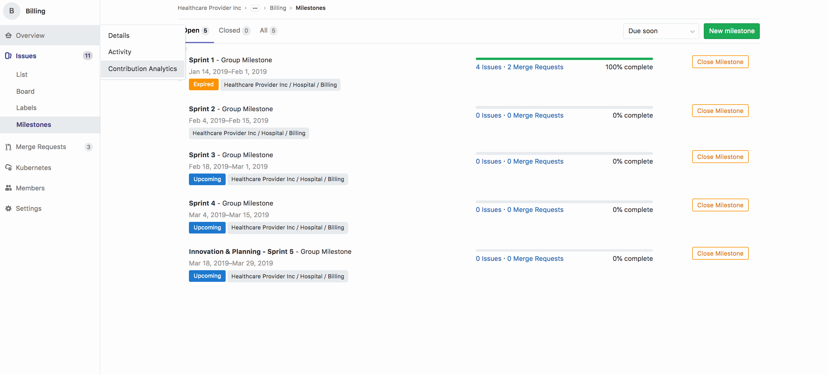 A placeholder list of milestones