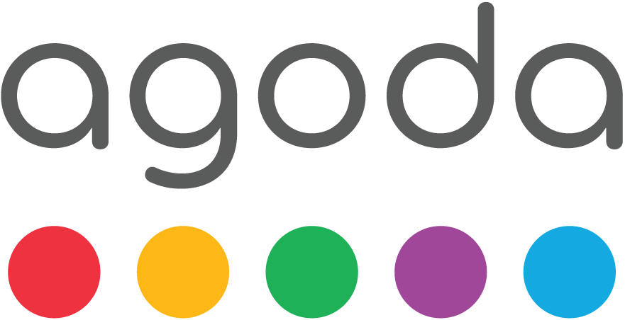 Agoda logo with five colored dots below it.