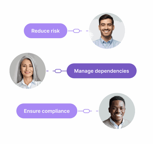 An illustration with headshots of 3 people next to benefits