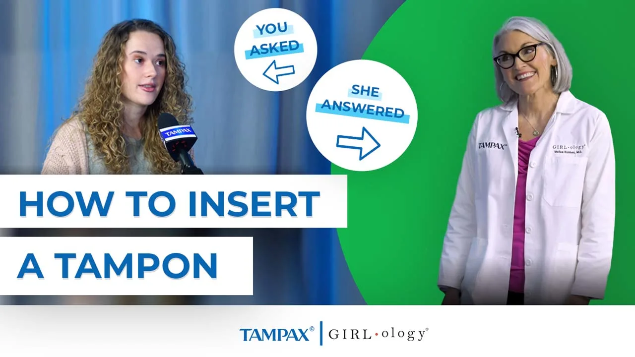 Two women talking with text "How do i insert a tampon"
