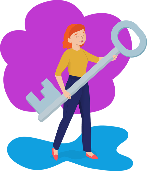 woman carrying giant key