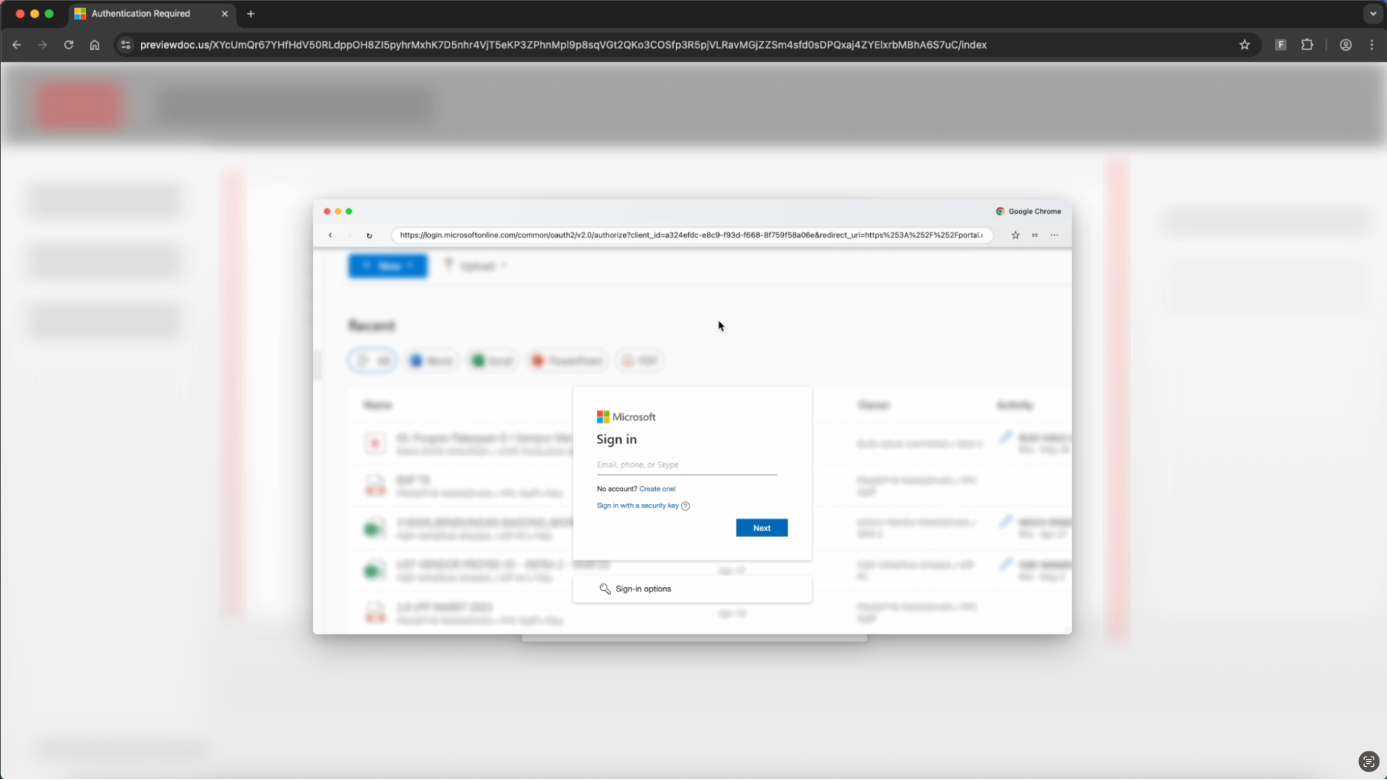 An embedded browser pop-up contains the phishing form.