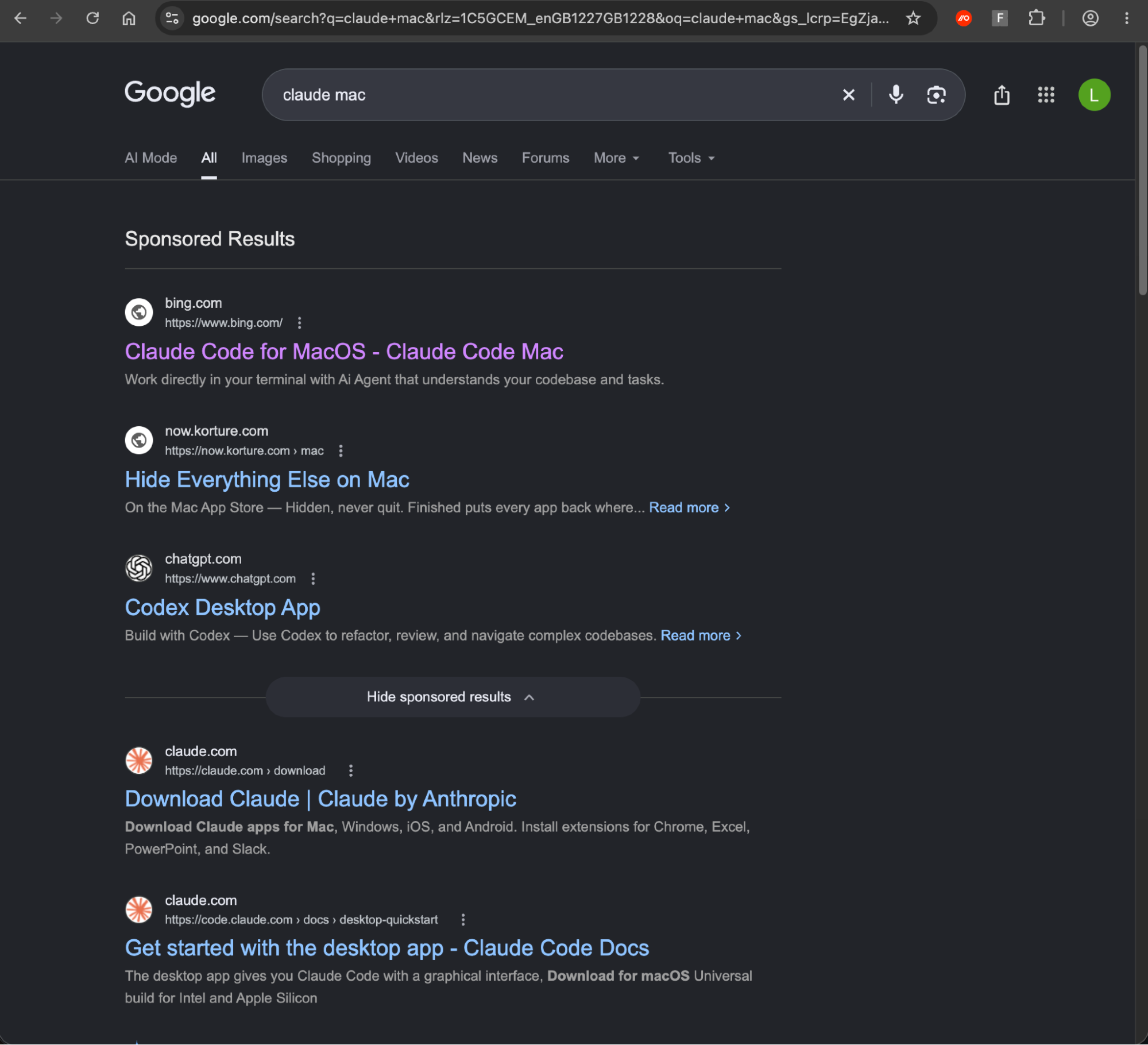 A Google Search for "claude mac" returns an ad for Bing