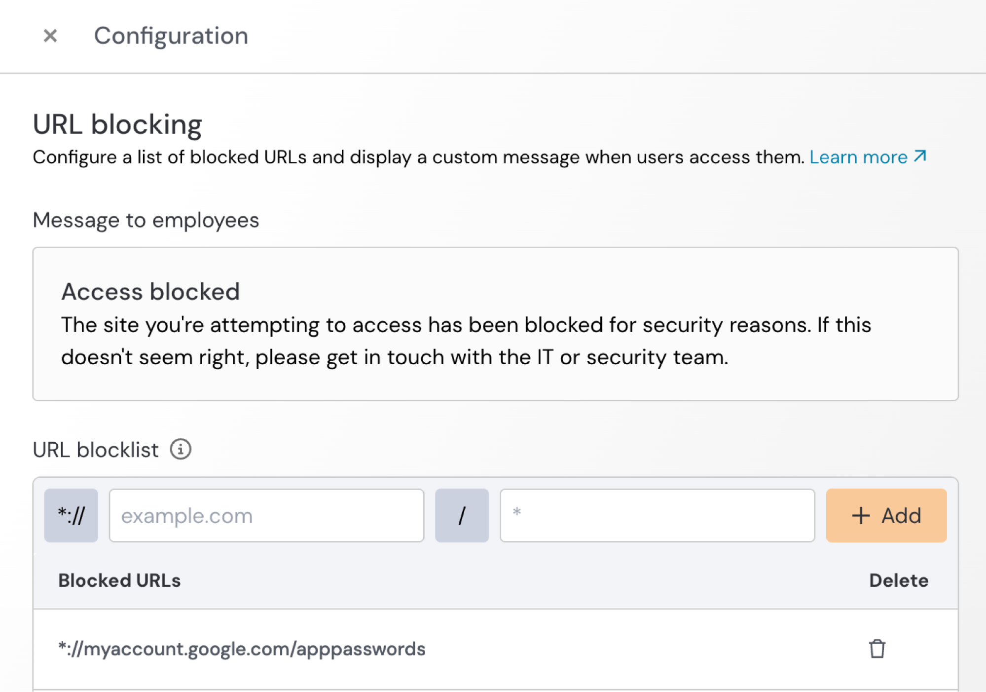 Configuring URL blocking for ASP creation pages