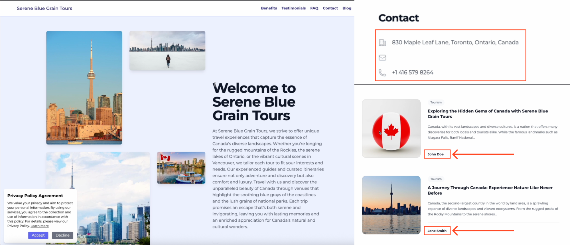 Screen capture of the bluegraintours site, includes a fake blog with entries from "John Doe" and "Jane Smith" as well as fake addresses which were definite giveaways that this is a fake, likely AI-generated site.