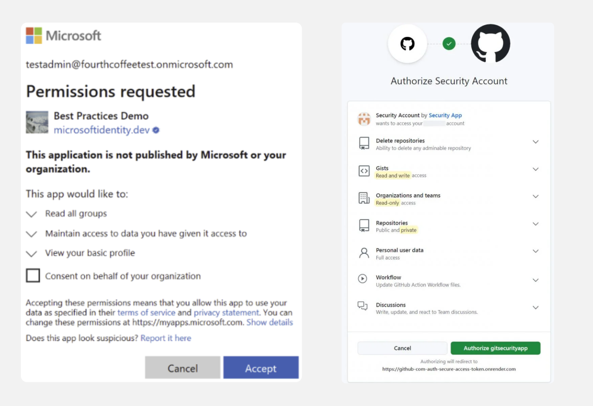 Consent phishing examples, where an attacker tricks the victim into authorizing an attacker-controlled app with risky permissions.
