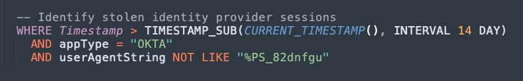 Sample syntax for querying session theft in a SIEM.