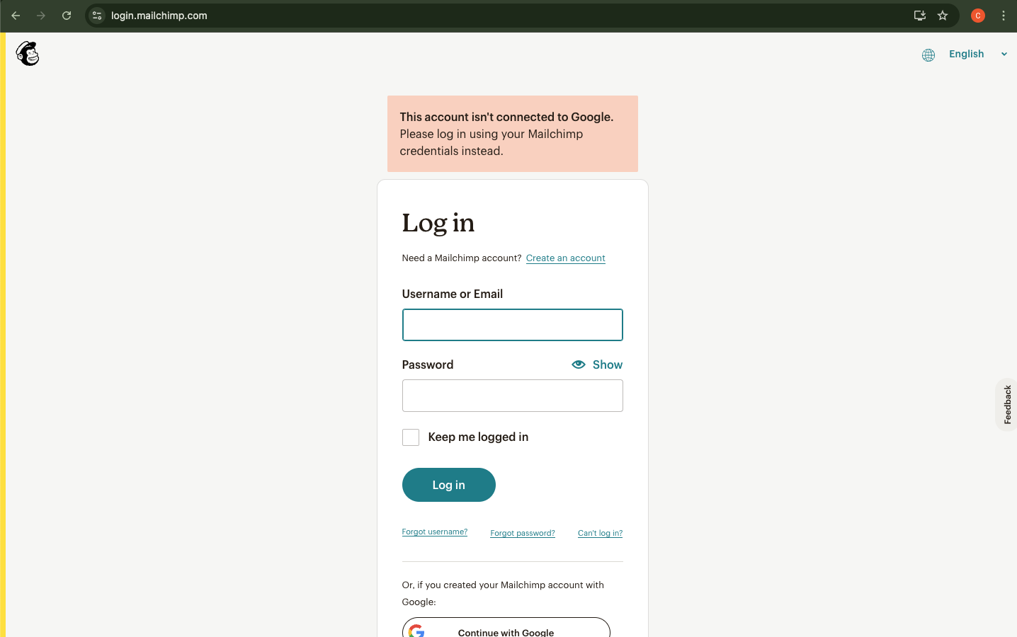 Mailchimp pinned authentication requiring original login method