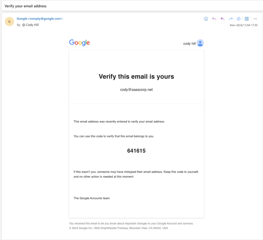 Google email verification example