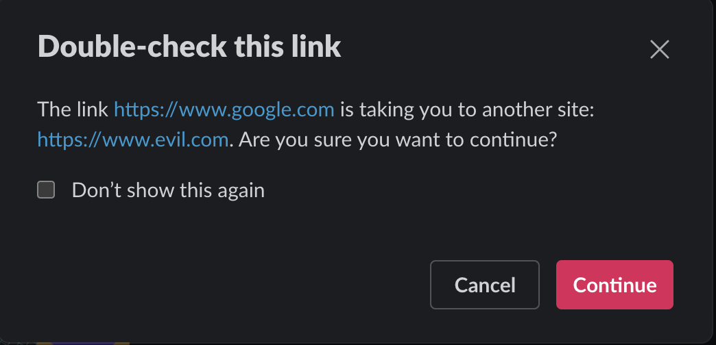 Slack phishing - link forging warning
