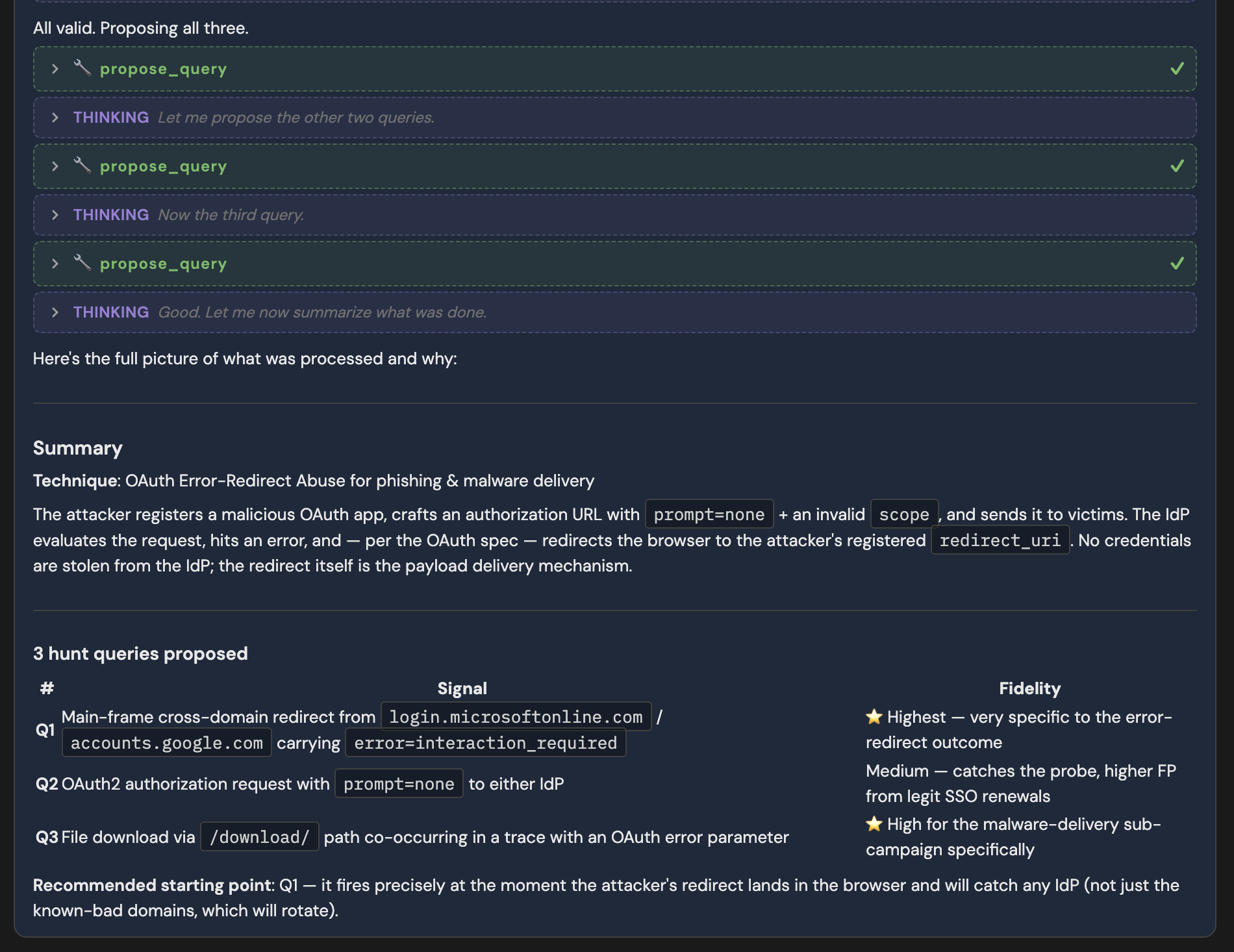Push agents summarizing the behavioral techniques of the attack and proposing hunt queries.