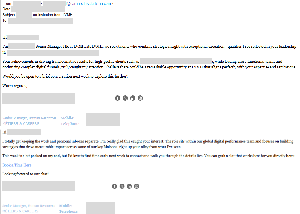 Well-crafted, multi-stage, highly targeted phishing email coming from an account impersonating a real LVMH employee.