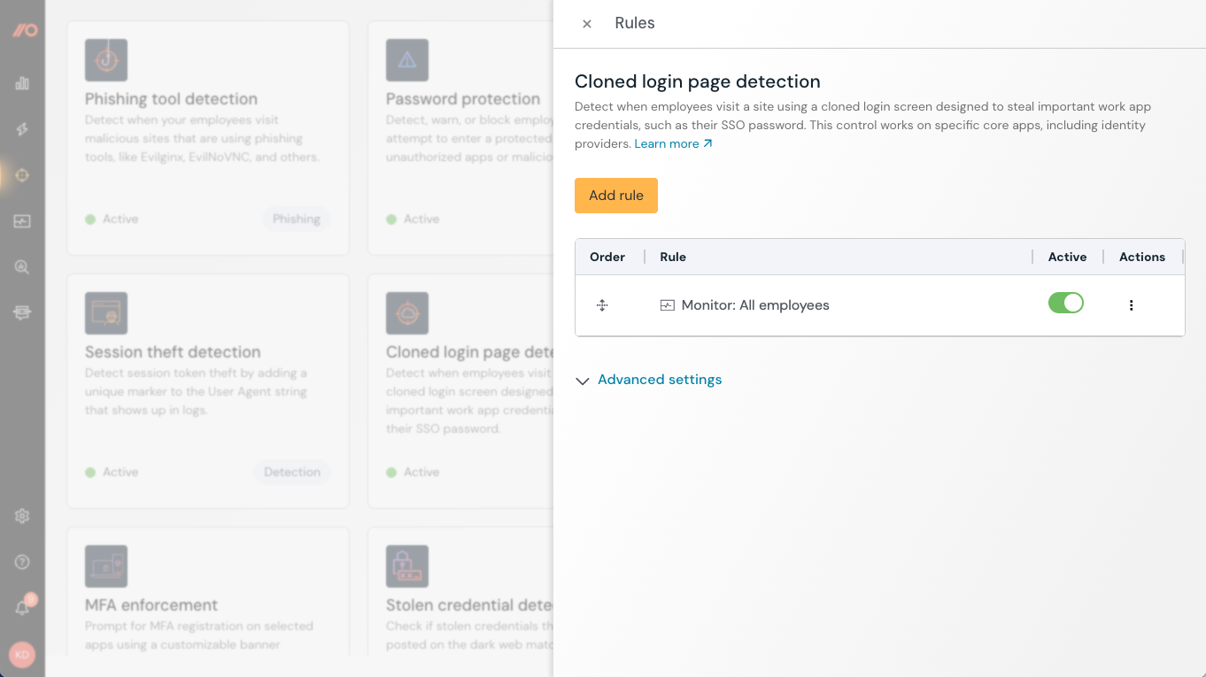 Cloned login page detection - config slideout - Manage security controls