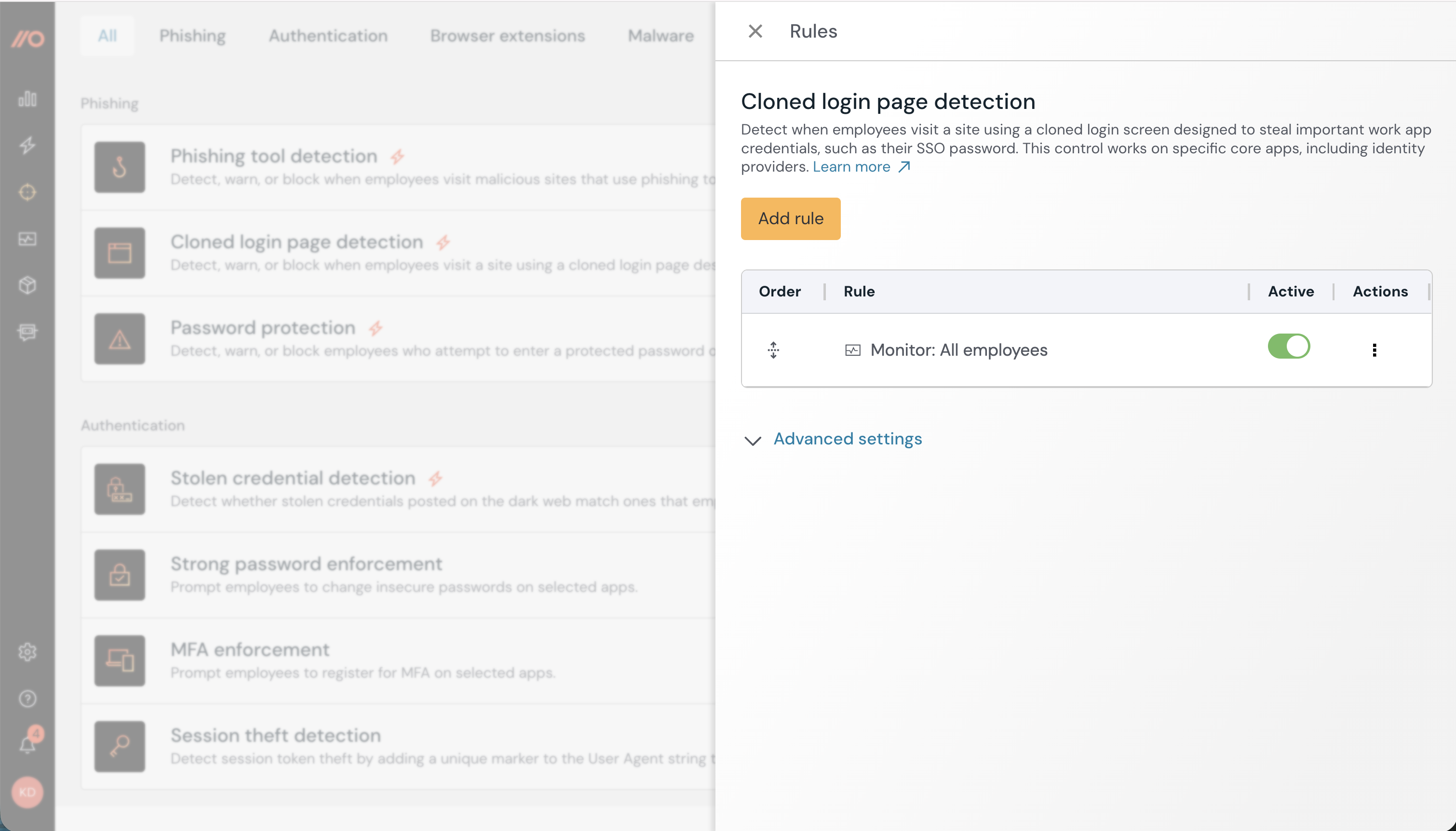 Cloned login page detection - config slideout - Manage security controls