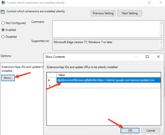 Edge Group Policy remove extension value: KB 10062