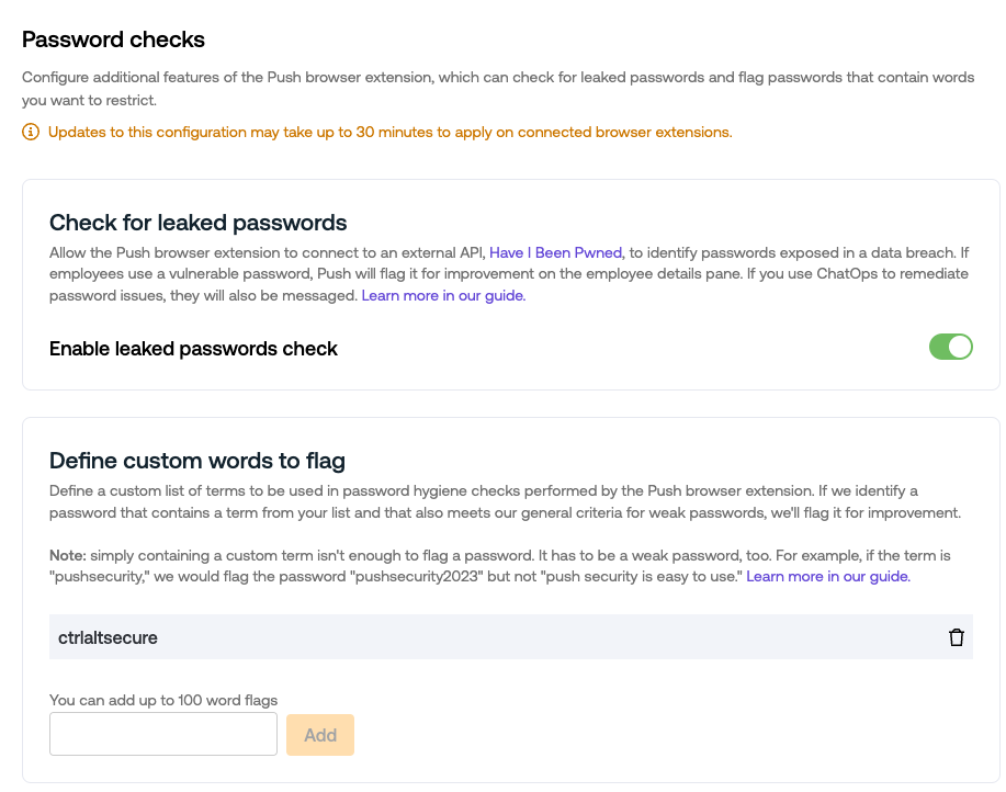 Password checks - Settings - docs - Administering Push