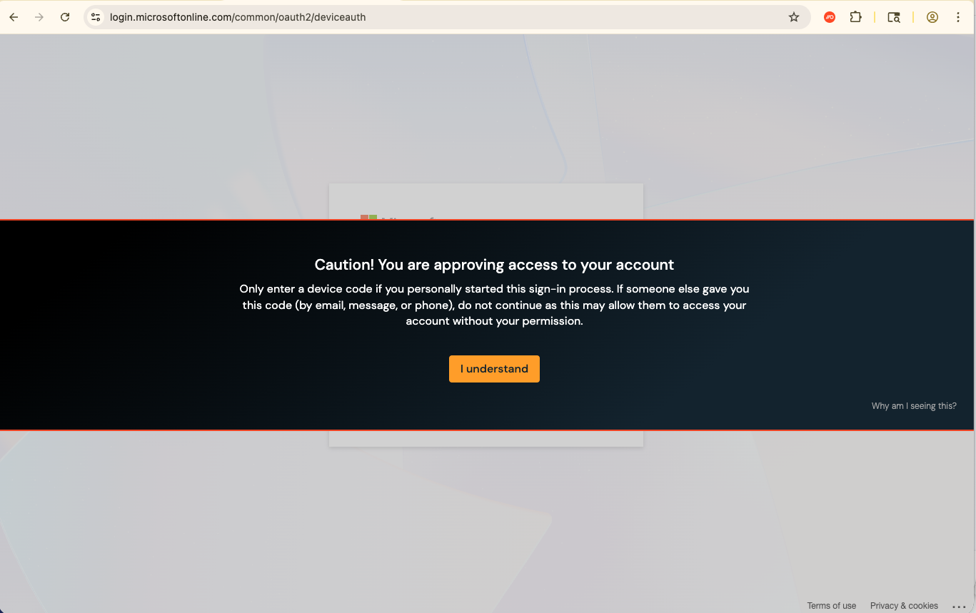 Device code phishing customizable warning banner.