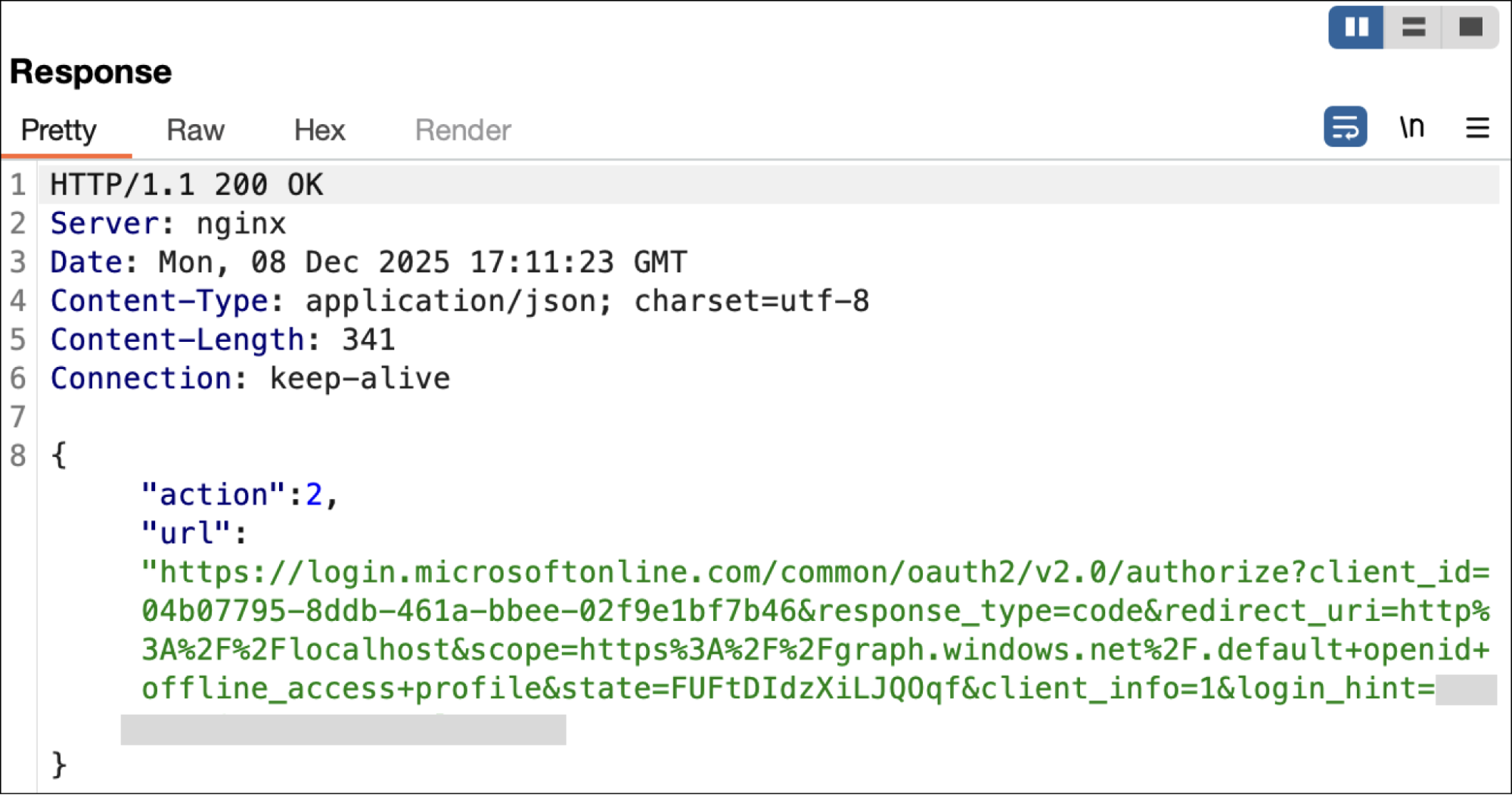 Response on the malicious page, showing the response URL and redirect. The client_id is specific to the Azure CLI app.