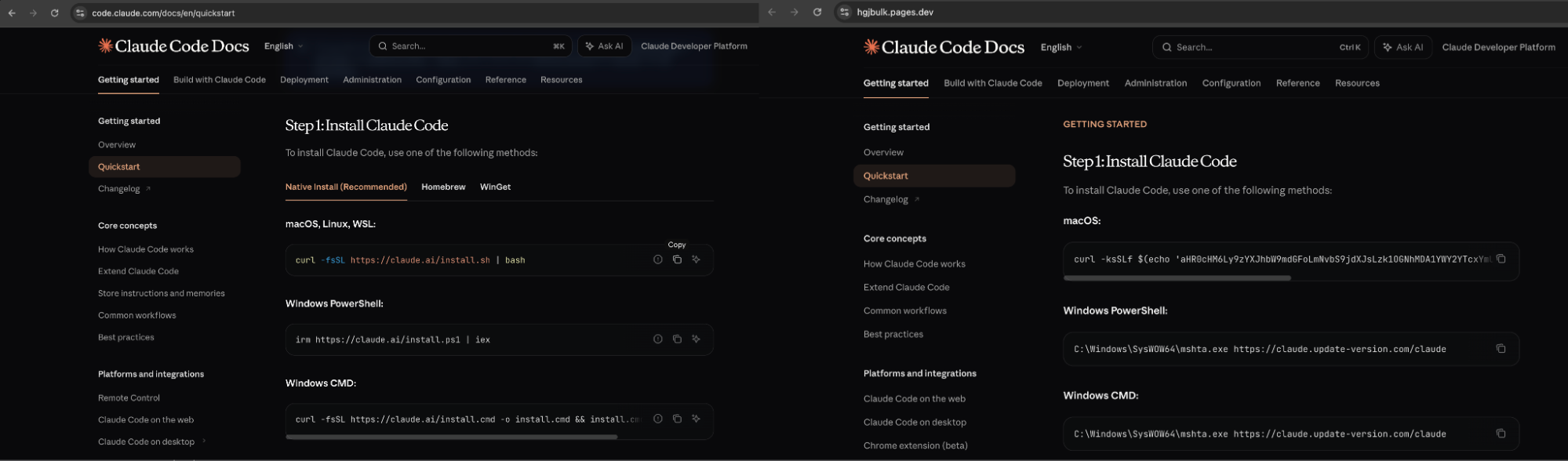 Comparison of the legit page and install commands versus a malicious clone