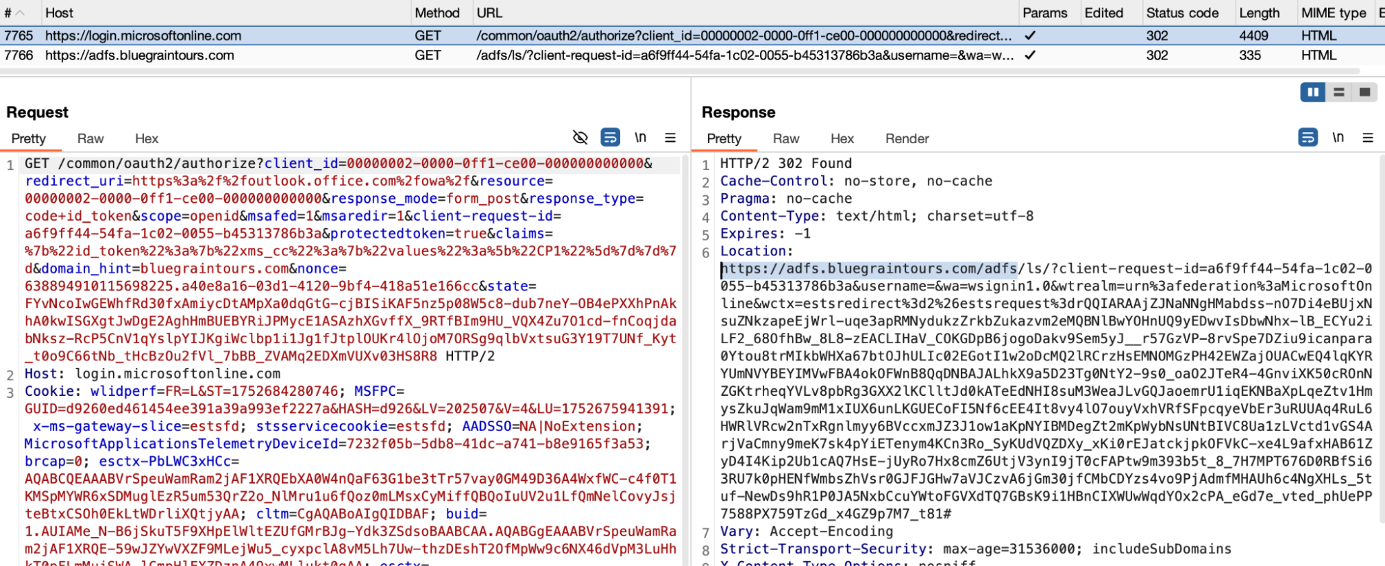 The authorization request being passed to the ADFS server for bluegraintours.