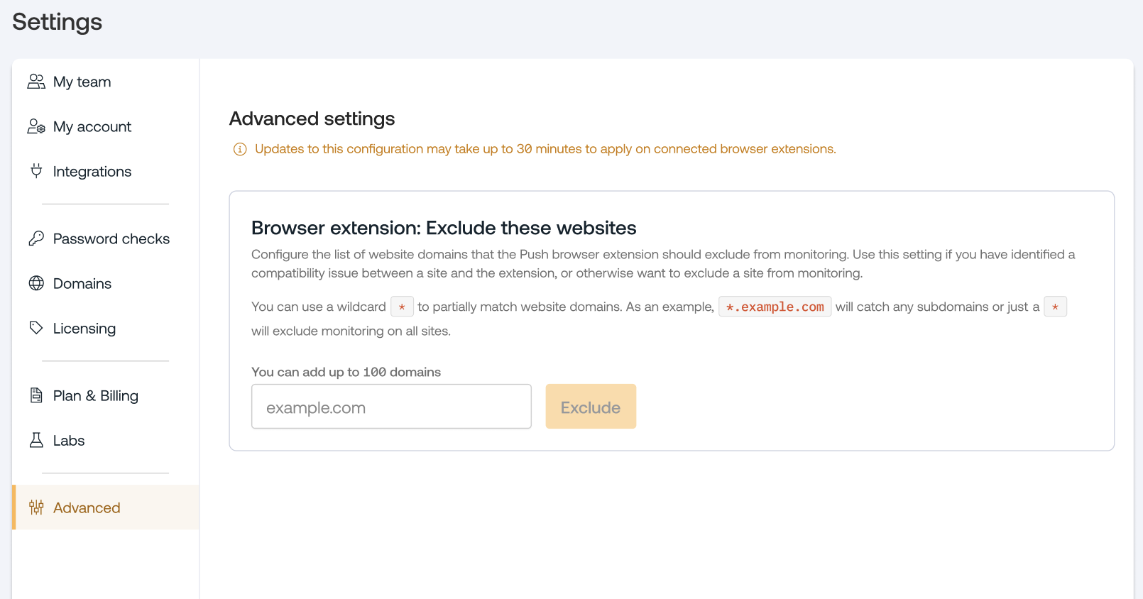 Domain exclusion - Settings page - KB 10088