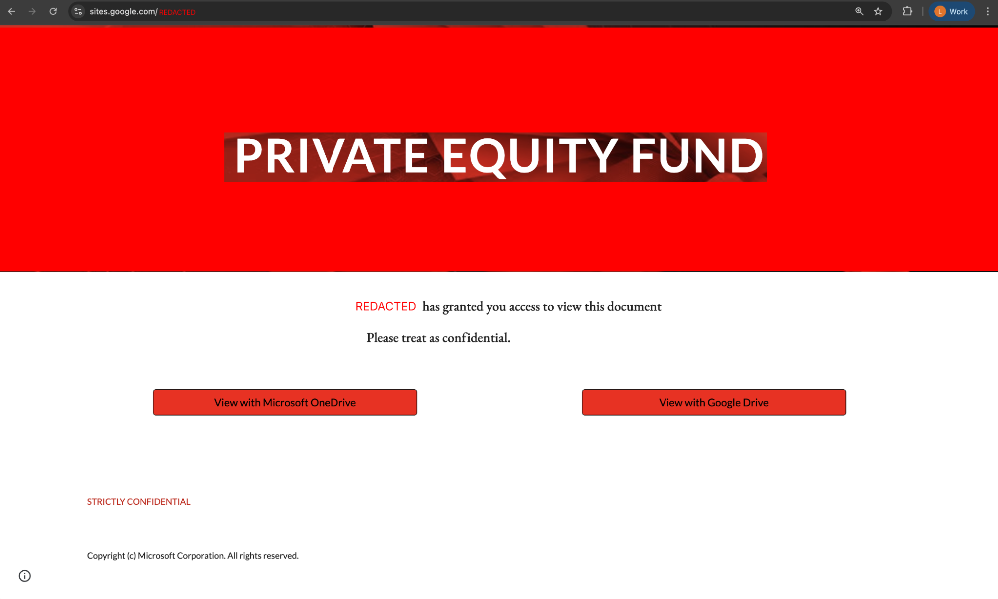 Fake private equity fund page hosted on Google Sites. 