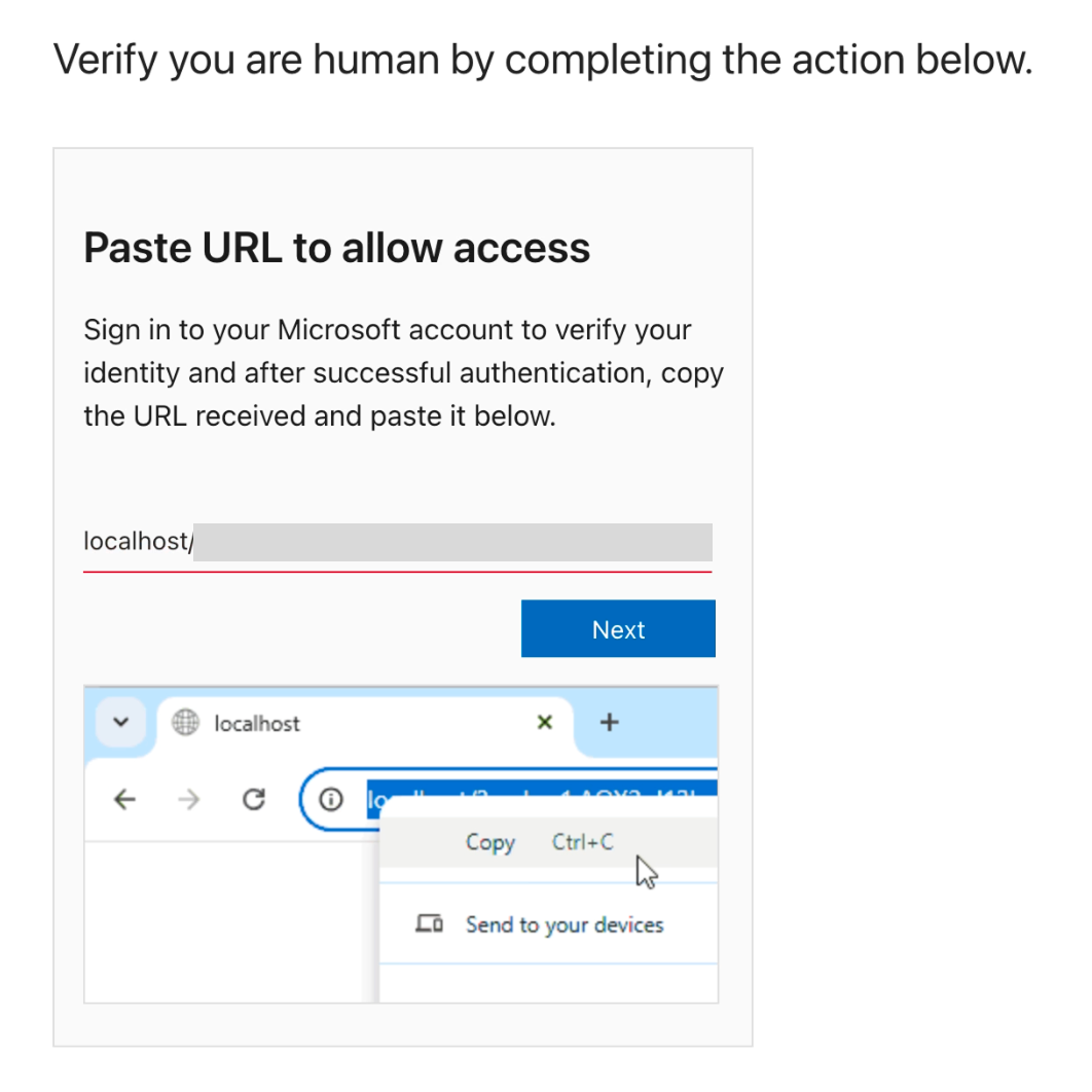 The victim posts the localhost URL into the page and hits "Next" to complete the phishing attack.