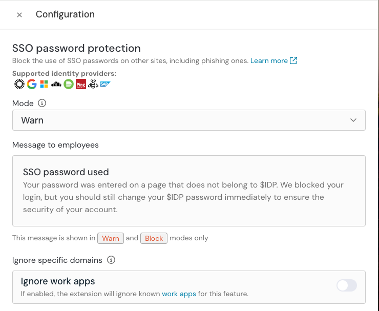 SSO password protection config slideout - KB 10119