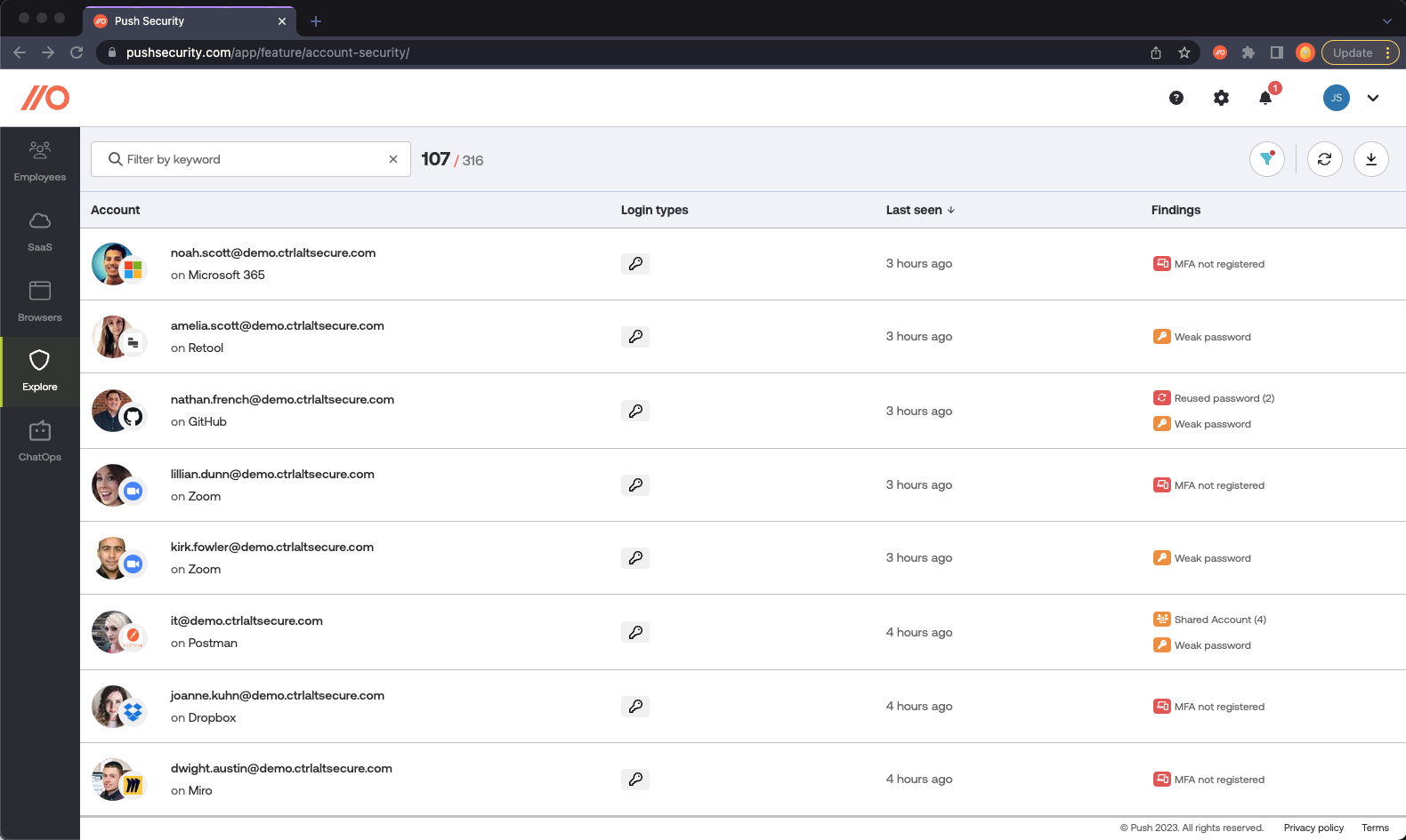 Push's account security dashboard