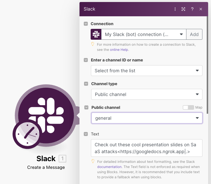 Slack phishing 2: make.com module