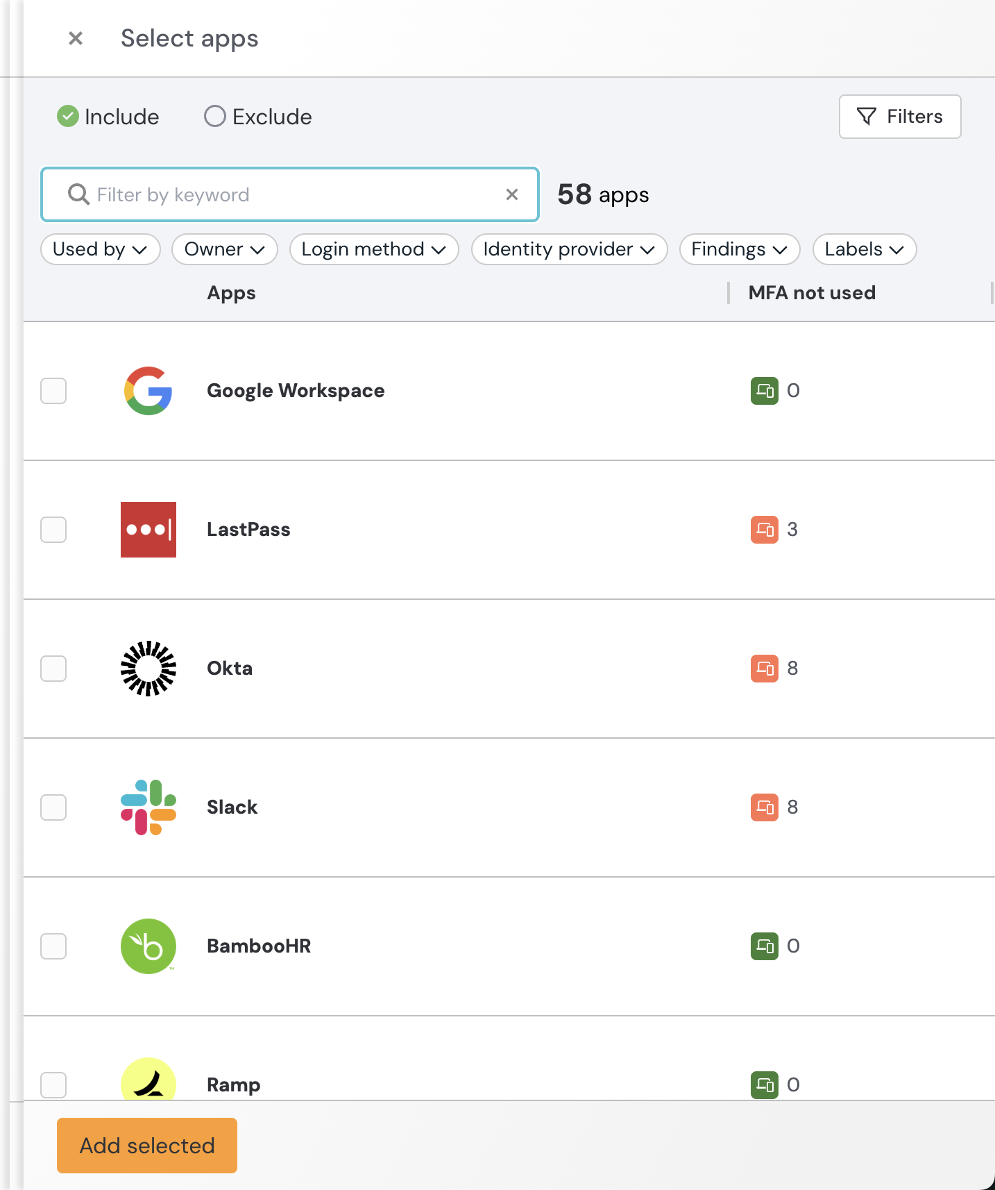 MFA enforcement slideout - MFA not used column - KB 10121