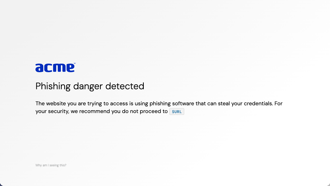 Sample phishing block page - blog article - custom branding