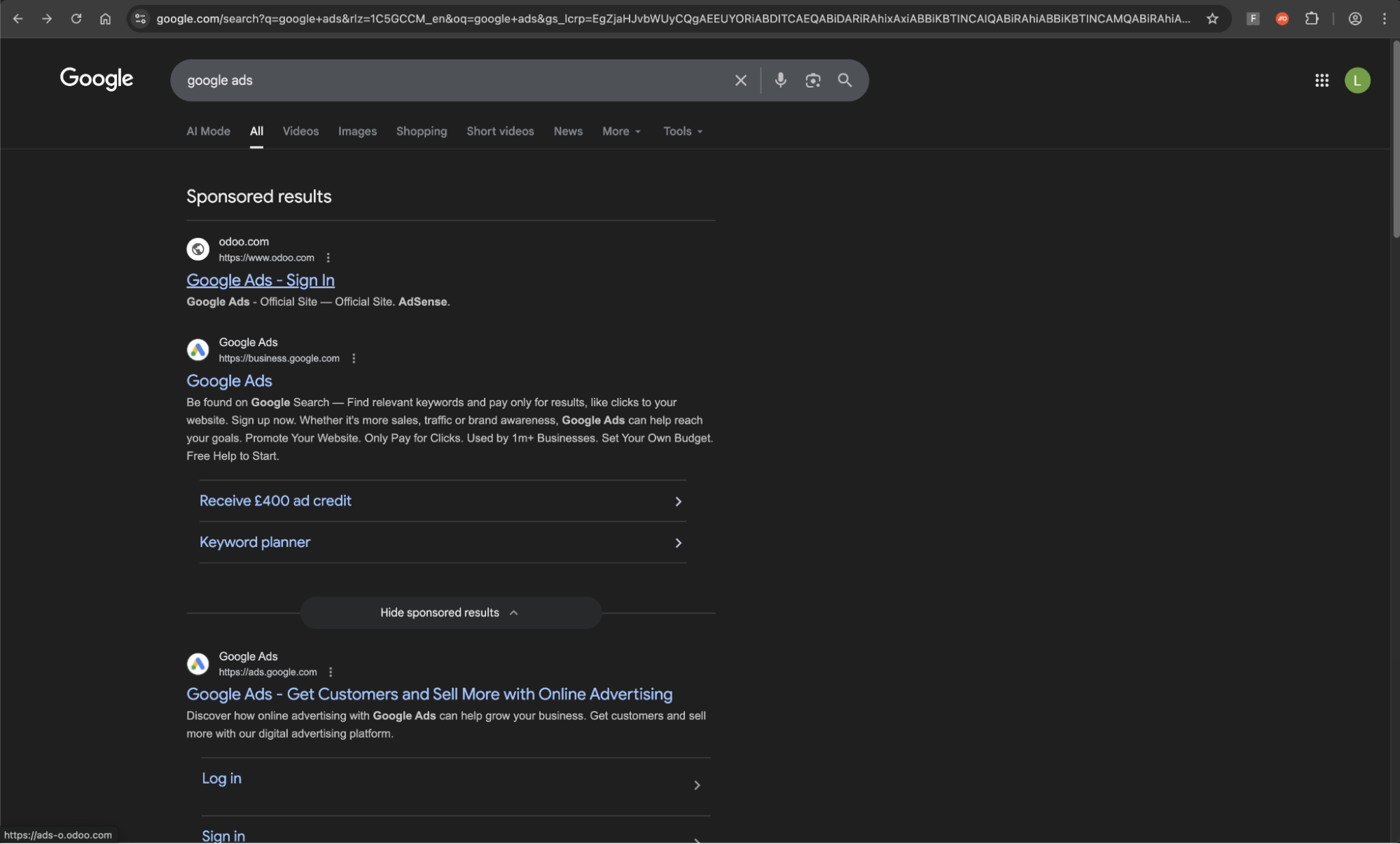 Malvertising link for “Google Ads” taking the top Sponsored Results spot.