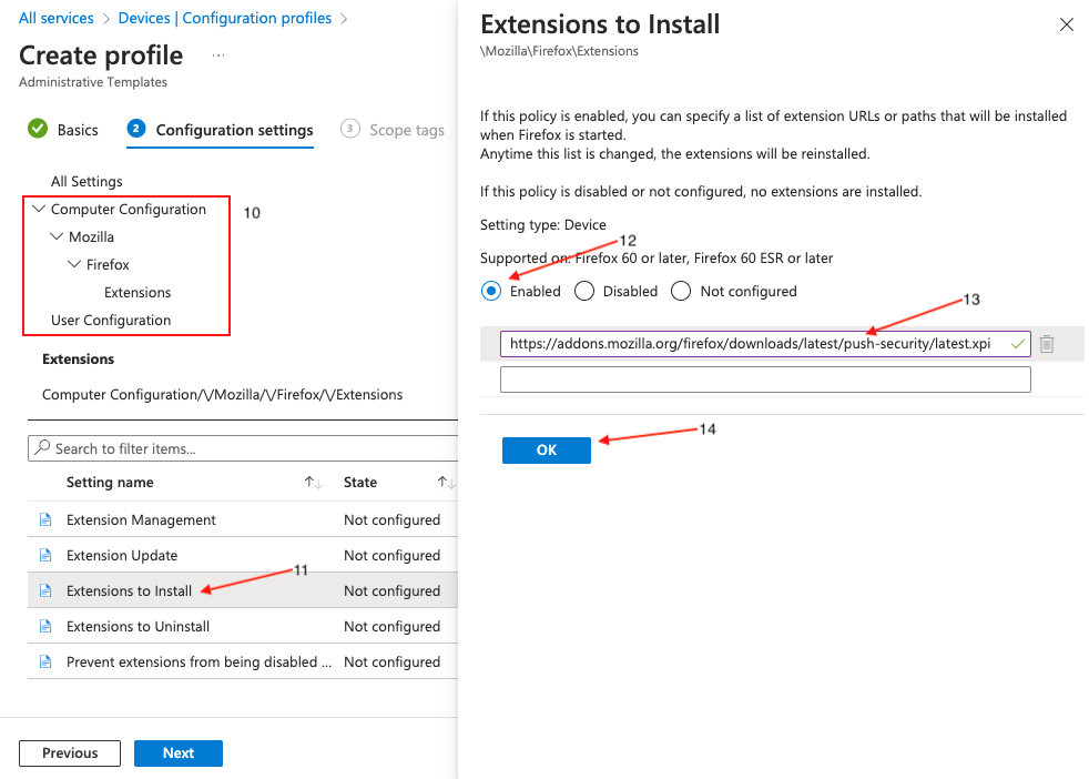 Intune - Firefox - create profile config settings - docs