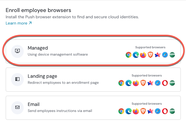 Managed browser enrollment screen - docs - showing Arc