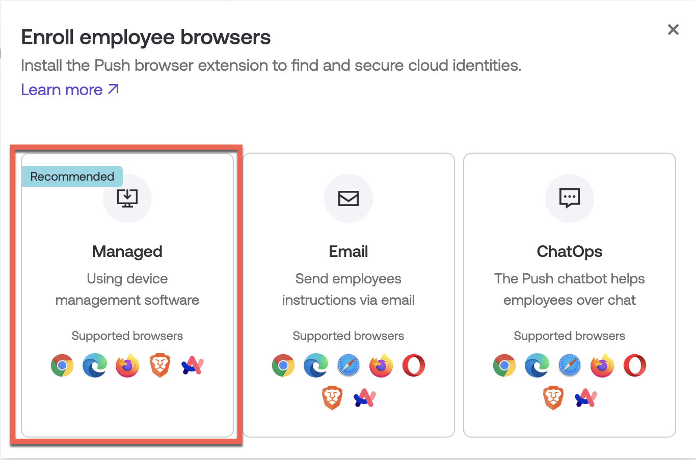 Managed browser enrollment screen - docs - showing Arc