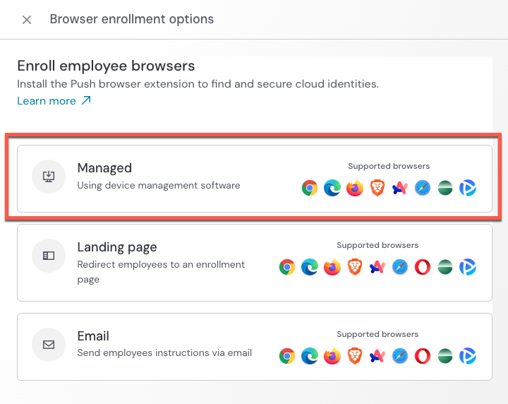 Managed browser enrollment screen - docs - showing Arc