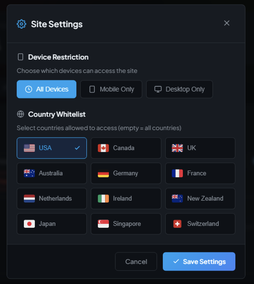 Device and country restriction options.