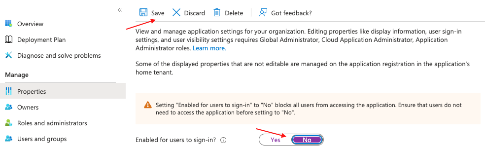 Disabling an Azure application integration