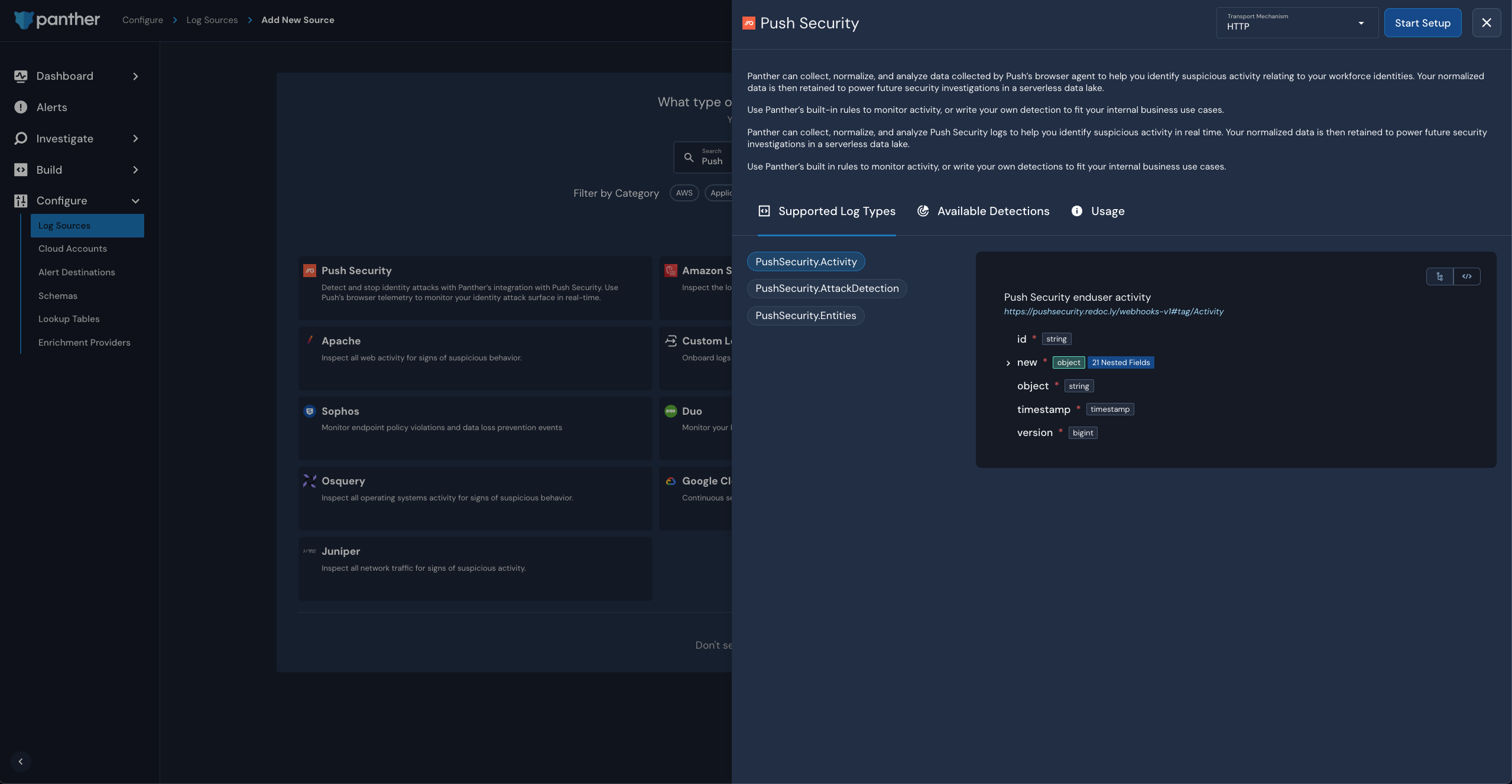 Panther configuration screen for Push custom log types