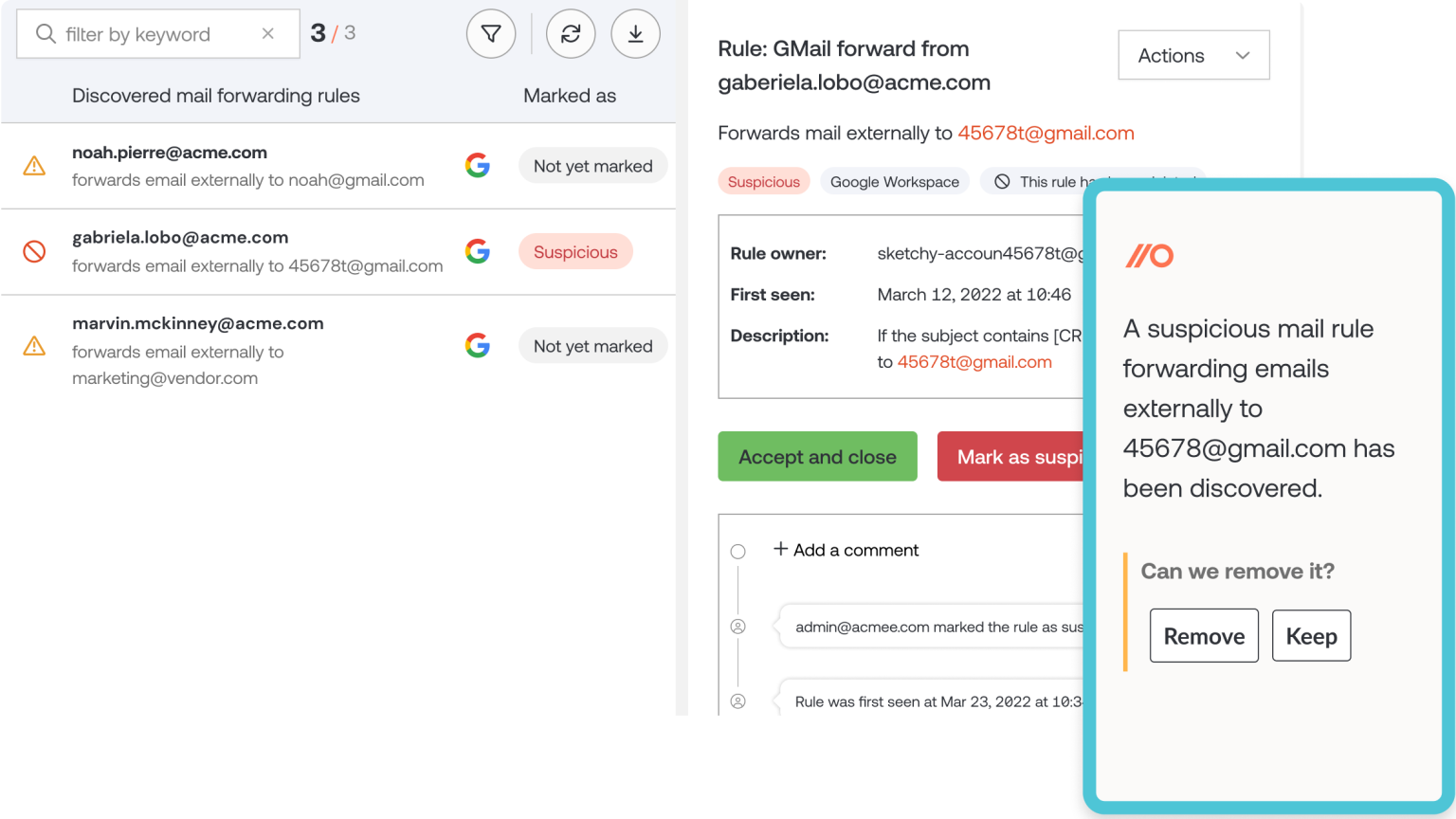 Mail rules dashboard and a ChatOps message asking an employee if they just created a mail rule?