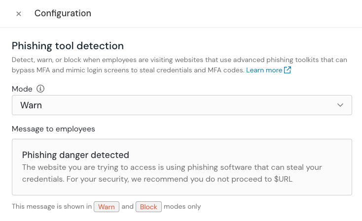 Phishing tool detection config slideout - KB 10119