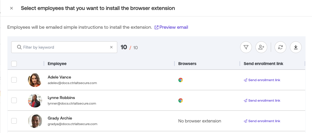 Email enrollment - select employee - docs - Install the browser extension