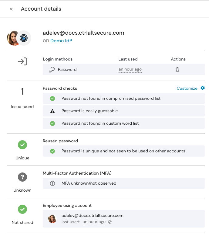 Account slideout with finding from demo IdP - KB 10119