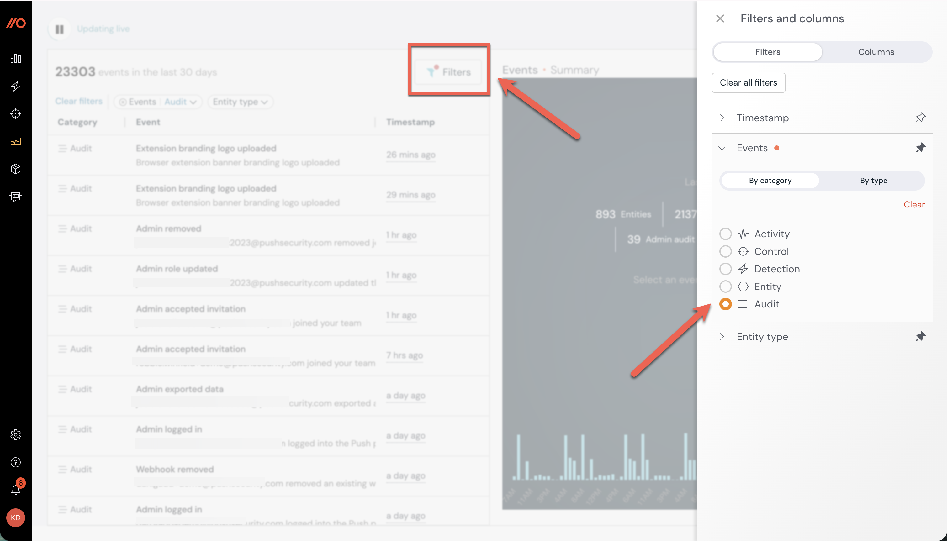 Filter by admin audit events - Events page - docs - Administering Push