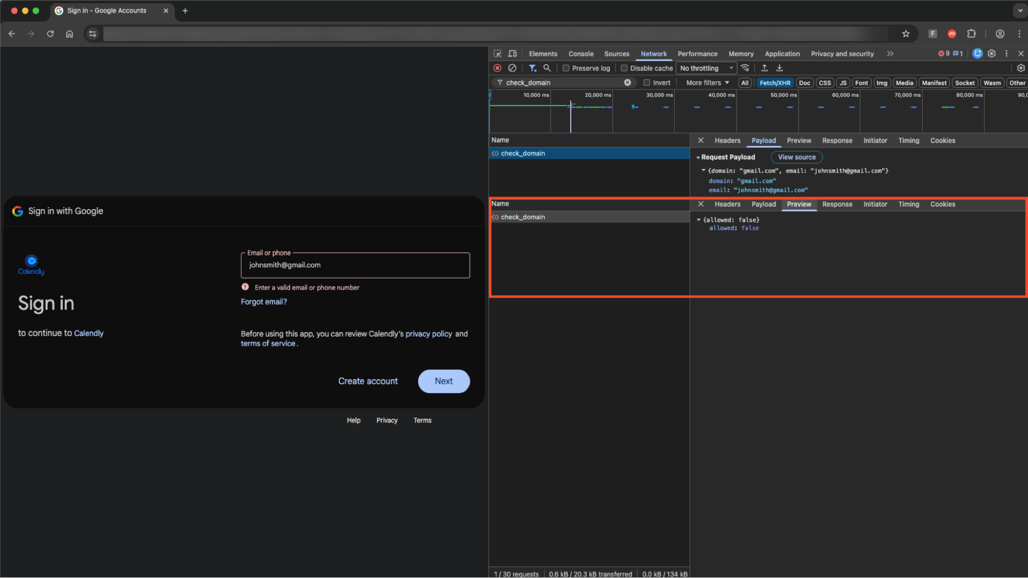 Request and response challenge on the AITM phishing page, denying unauthorized email domains from being able to log in to the page.