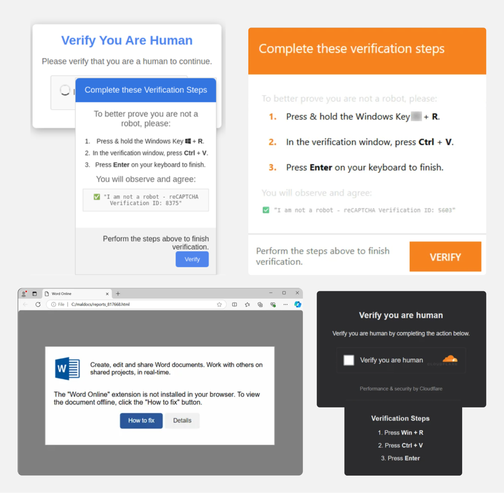 Examples of ClickFix lures used by attackers in the wild.