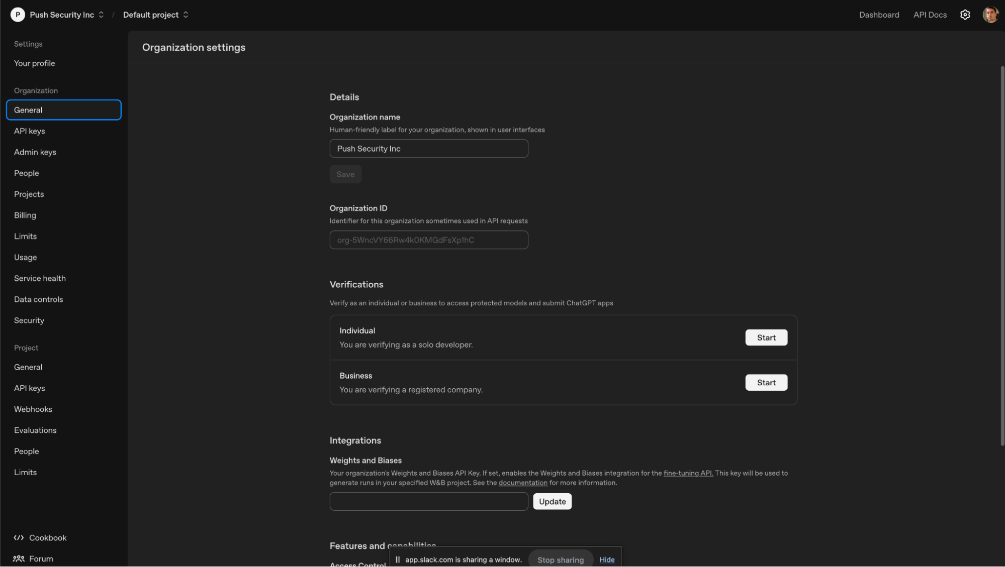 Settings screen showing the organization name “Push Security Inc”.