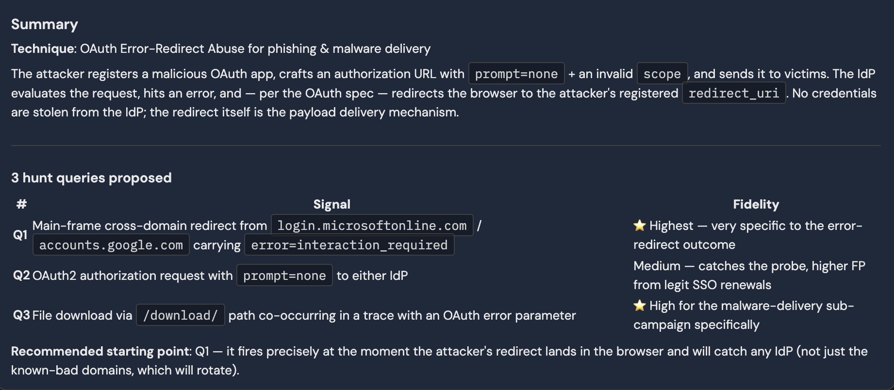 After reviewing intel, Push agents extract the most likely high-fidelity behavioral indicators of an attack technique and propose some hunt queries